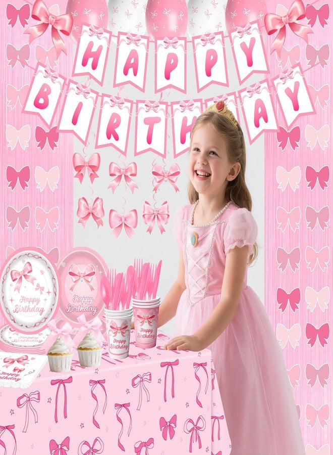 DMIGHT 206PCS Pink Bow Birthday Party Supplies Serve 24, Coquette Birthday Decorations Includes Bow Banner Garland, Hanging Swirls, Backdrops,Tablecloth, Plates for Girls Bachelorette Party Decor - Image 4