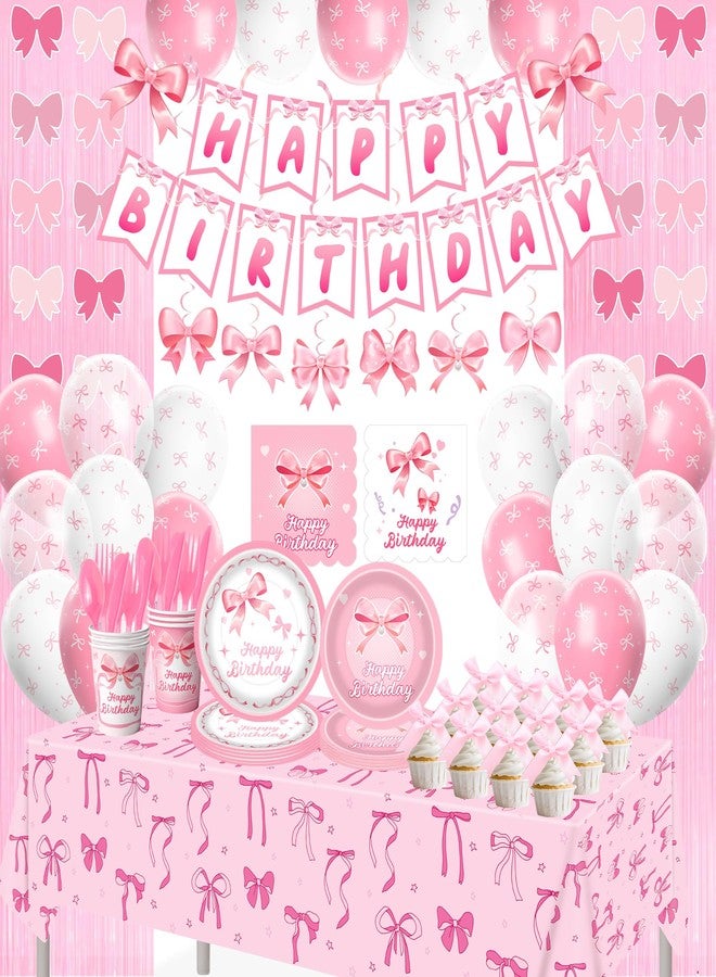 DMIGHT 206PCS Pink Bow Birthday Party Supplies Serve 24, Coquette Birthday Decorations Includes Bow Banner Garland, Hanging Swirls, Backdrops,Tablecloth, Plates for Girls Bachelorette Party Decor - Image 1