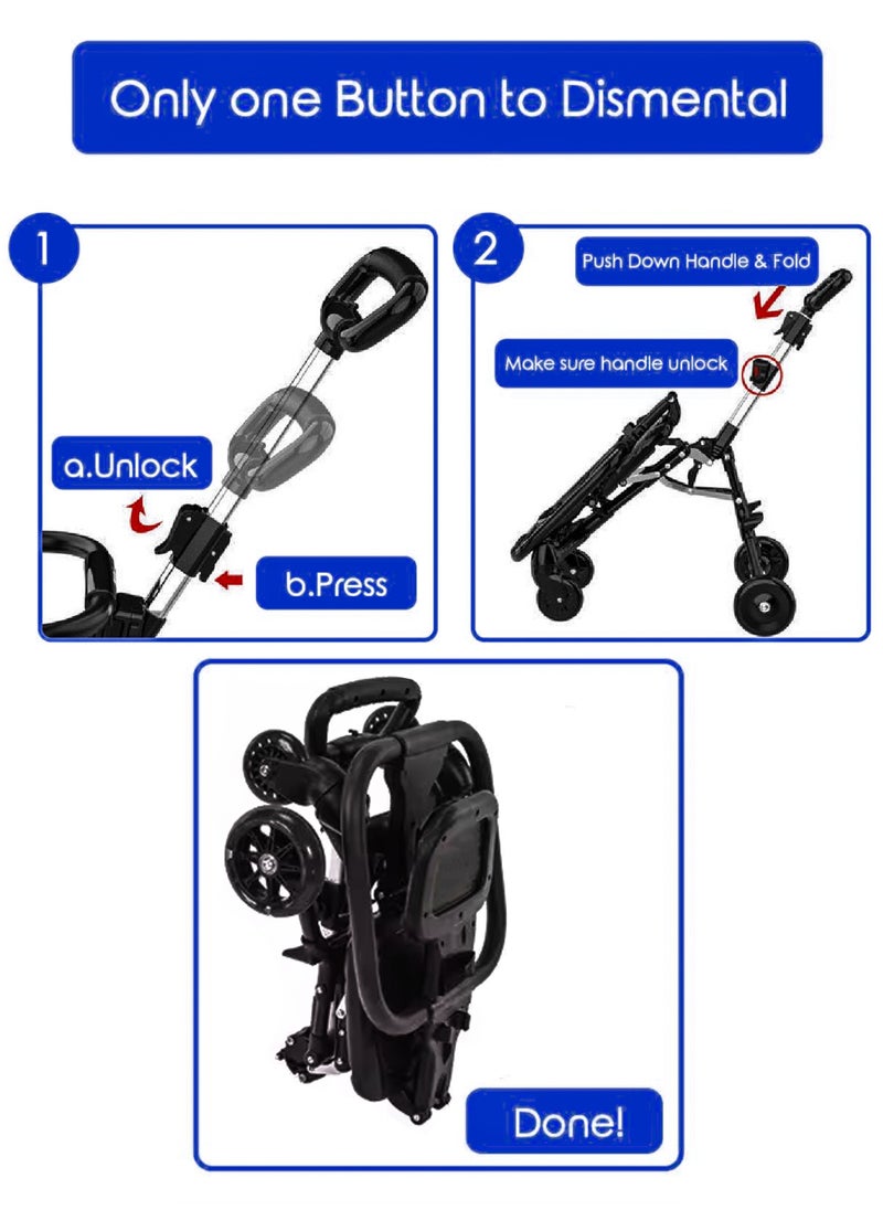 Lightweight Compact Baby Travel Stroller – Foldable, Airline-Approved, Adjustable Handle & Backrest, One-Hand Easy Folding, 360° Wheels, Double Brake, Overhead Airplane & Car Trunk Storage, Perfect for Toddlers & Newborns