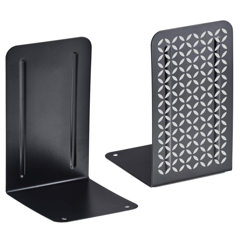 Acrimet Metal Bookends NonSkid Book Stand for Shelves Heavy Duty Book Stopper 678 H x 4 W x 412 D Black Bookends with Silver Design 1 Pair