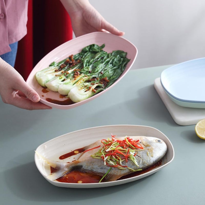 WE-CEF Wheat Straw Oval Lunch Dinner Plates Tablware Dishes 11 Inch Fish Bowl Microwave Safe Serving Dish Kitchen Dinner Dish for Restaurant Tray Fruits Desserts 4 Color (4) - Image 2
