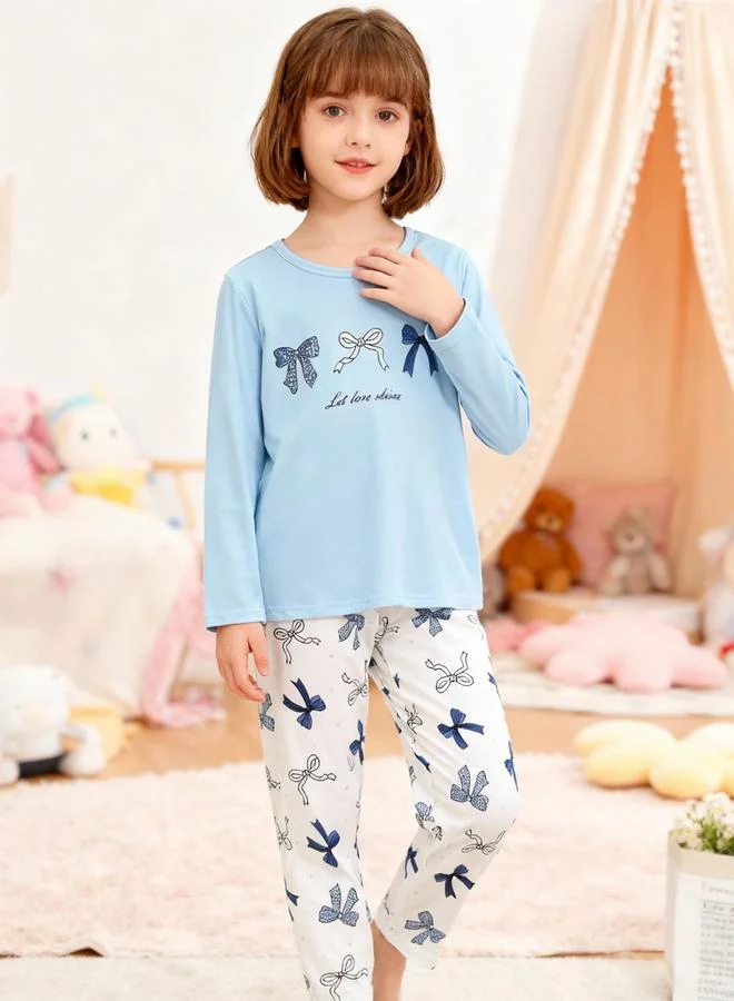 Take Two Girls Blue Bow Print T-Shirt and Pyjama Set