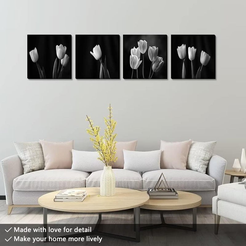 Wall HDQ Black White Wall Decor Tulips Canvas Wall Art Flower Living Room Bedroom Bathroom Home Decorations Modern Framed Artwork Giclee Print Ready to Hang 4 Pieces (12x12inchx4) - Image 3