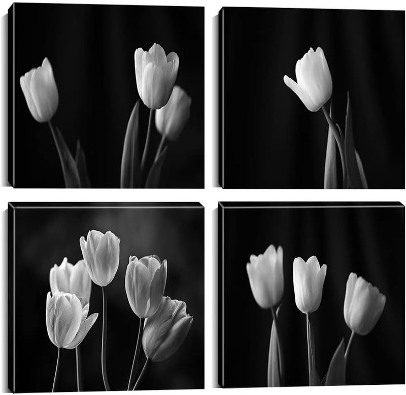 Wall HDQ Black White Wall Decor Tulips Canvas Wall Art Flower Living Room Bedroom Bathroom Home Decorations Modern Framed Artwork Giclee Print Ready to Hang 4 Pieces (12x12inchx4) - Image 1