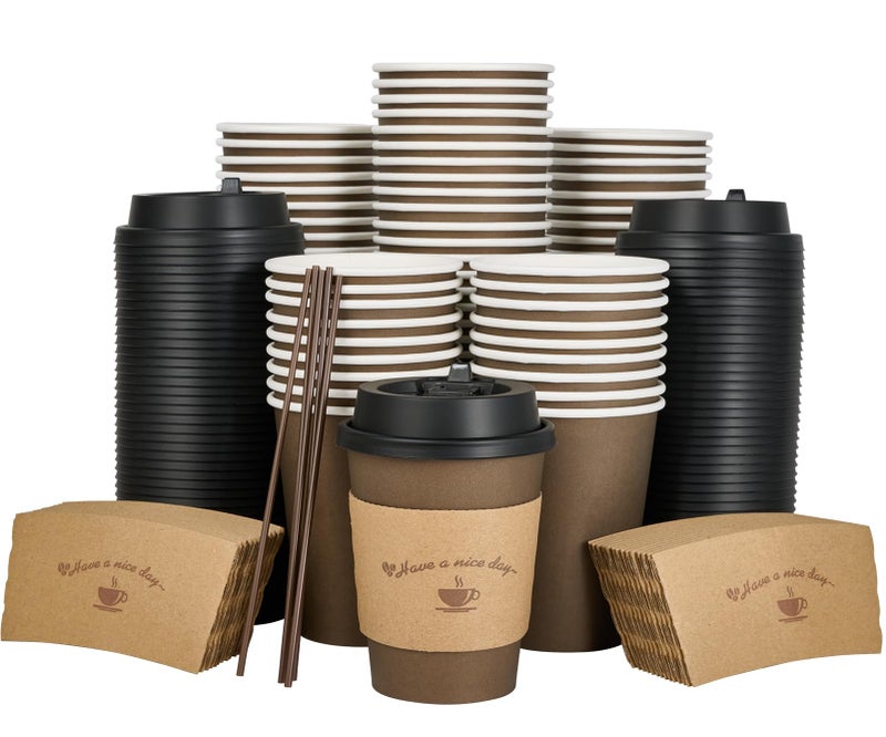LITOPAK 100 Pack 12 oz Paper Coffee Cups with Lids Sleeves and Stirring Sticks for Coffee Water or Juice Browm 10 Ounce Disposable Hot Paper Cups for Cafes schools offices shops