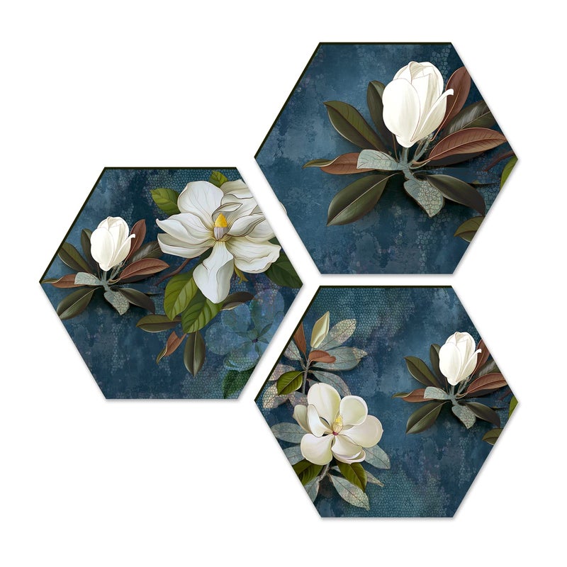 PAPER PLANE DESIGN Floral Wall Painting For Living Room Hexagonal Set of 3 (E) - Image 1
