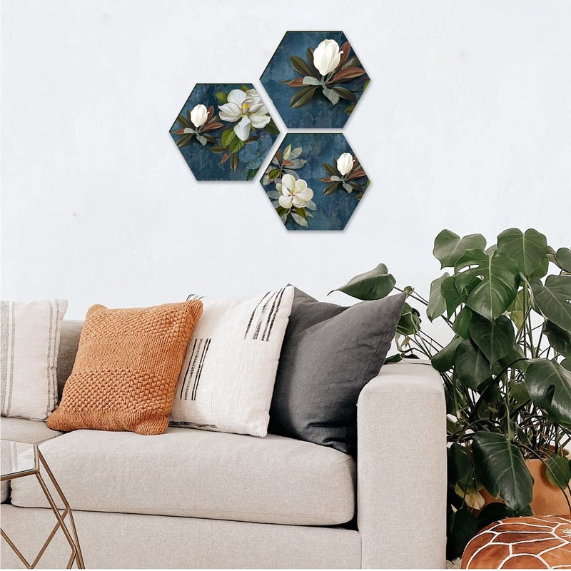 PAPER PLANE DESIGN Floral Wall Painting For Living Room Hexagonal Set of 3 (E) - Image 4