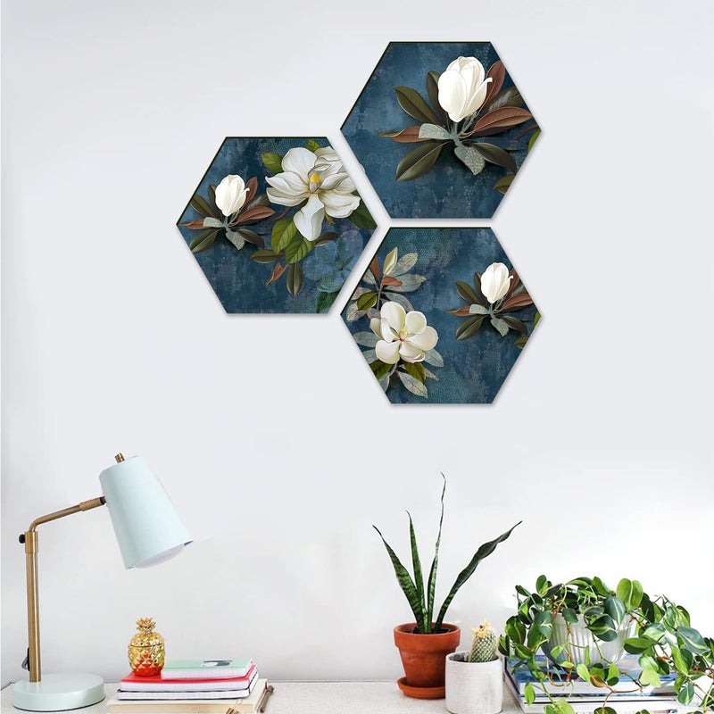 PAPER PLANE DESIGN Floral Wall Painting For Living Room Hexagonal Set of 3 (E) - Image 2