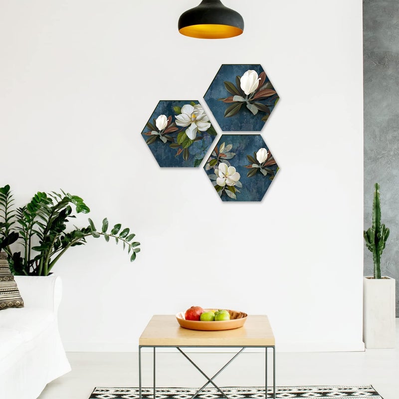 PAPER PLANE DESIGN Floral Wall Painting For Living Room Hexagonal Set of 3 (E) - Image 3