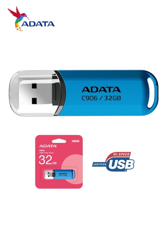 ADATA - C906 Compact | 32GB USB 2.0 Flash Drive | Lightweight and Fast Data Transfer | Blue - Image 1