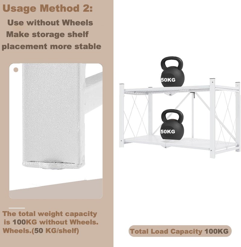 Bentifar 2 Tier Thickened Foldable Storage Rack with Wheels,No Assembly,Large Capacity Shelves,Heavy-Duty Metal Shelving Unit Rolling Cart for Garage, Kitchen, Basement, Pantry(White, 2-Tier) - Image 4