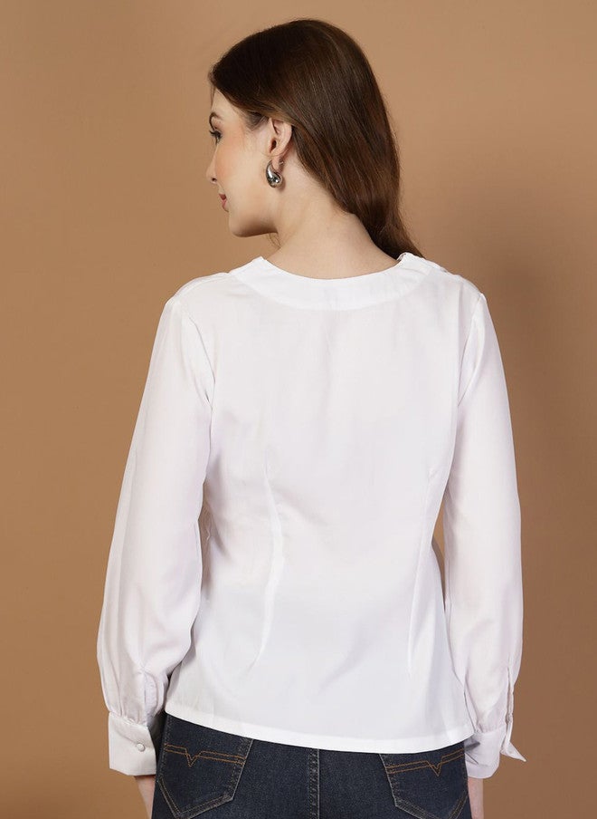 RAASSIO بلوزة بيضاء من قماش الكريب للنساء - Image 5