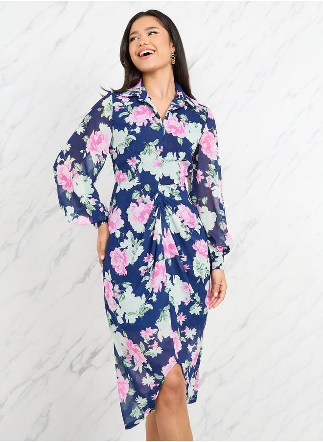 Styli Gathered Detail Floral Print Collared Midi Dress  - Image 2