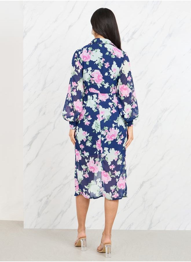 Styli Gathered Detail Floral Print Collared Midi Dress  - Image 4