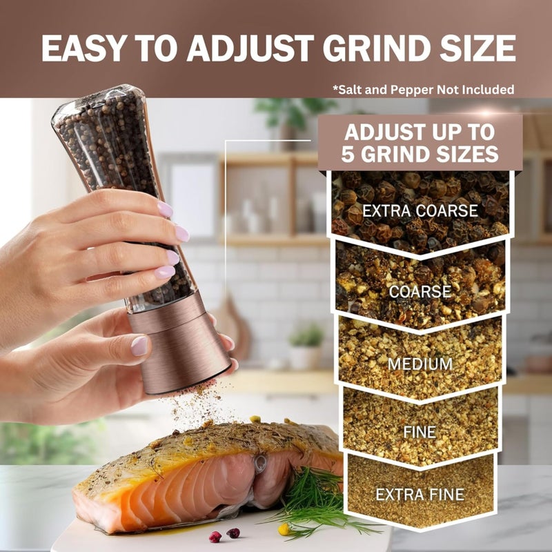 Home EC Original Copper Salt and Pepper Grinder Set of 2 - Adjustable Ceramic Grinder - Tall Glass Salt and Pepper Shakers With Funnel and Ebook - Kitchen Spice Mill - Copper Kitchen Accessories - Image 3