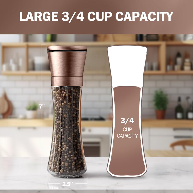 Home EC Original Copper Salt and Pepper Grinder Set of 2 - Adjustable Ceramic Grinder - Tall Glass Salt and Pepper Shakers With Funnel and Ebook - Kitchen Spice Mill - Copper Kitchen Accessories - Image 2