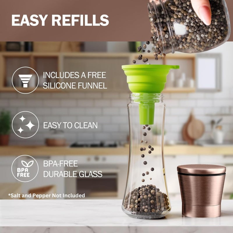 Home EC Original Copper Salt and Pepper Grinder Set of 2 - Adjustable Ceramic Grinder - Tall Glass Salt and Pepper Shakers With Funnel and Ebook - Kitchen Spice Mill - Copper Kitchen Accessories - Image 4