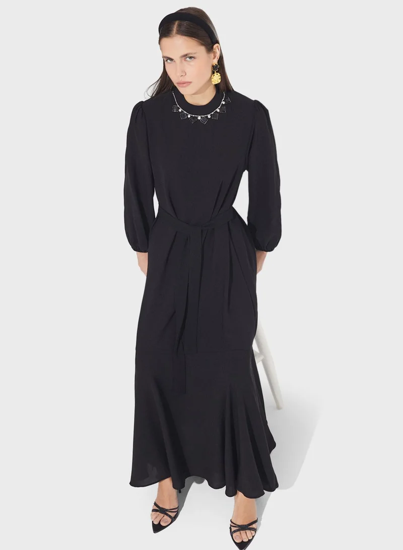 JUNE Belted Trumpet Dress