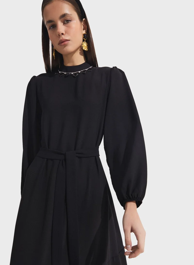 JUNE Belted Trumpet Dress