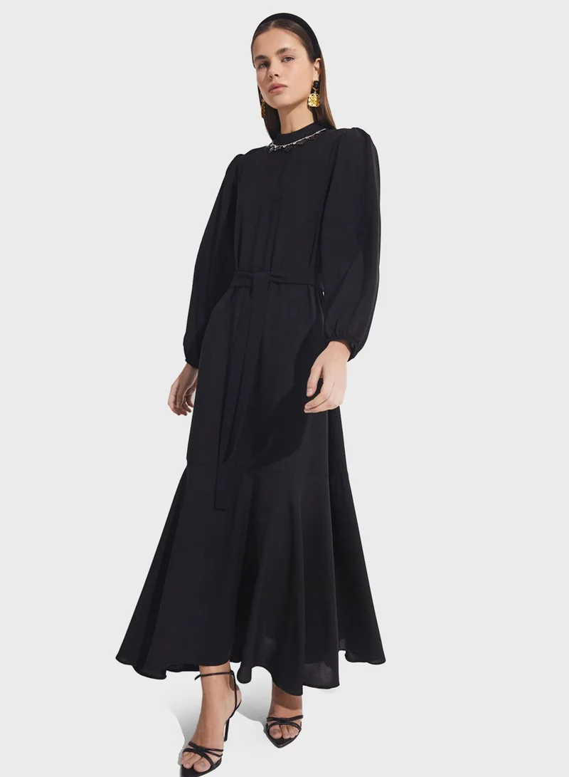 JUNE Belted Trumpet Dress