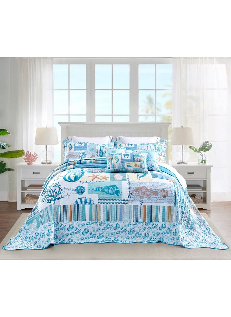 HZ & HY HZ  HY Coastal Oversized King Bedspread 128x120 Extra Wide Lightweight Beach Bedding Nautical Quilt Real Stitching Reversible 6 Piece 100 Microfiber KingCalifornia King Coral 