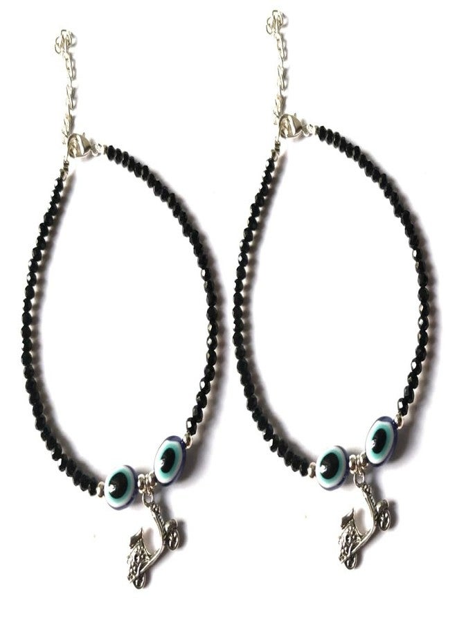 Jyokrish Handmade White Metal black Beads hanging scooter Evil eye chain anklet For Women | girls | Nazariya |Payal | Nazar Battu | Pair of 1 |free size - Image 1