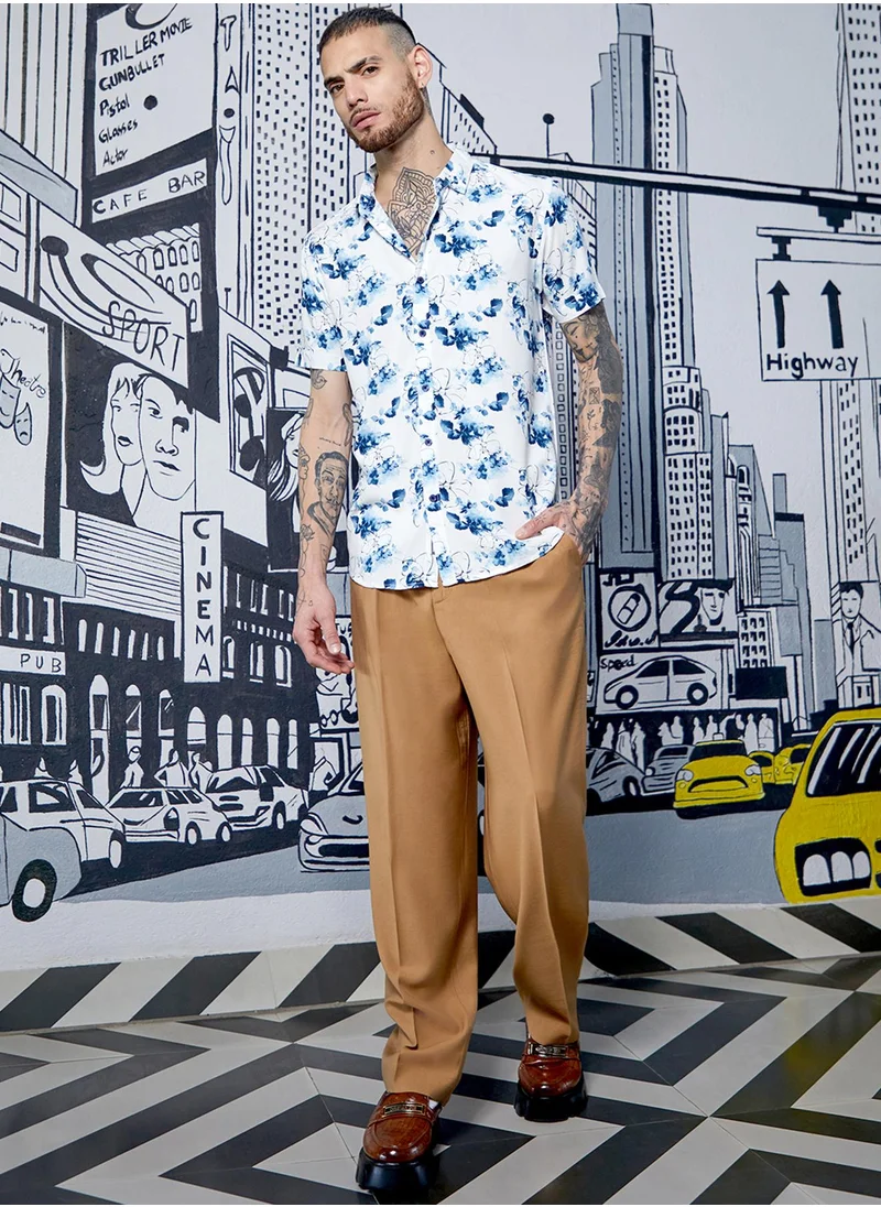 Campus Sutra Men's Blue & White Botanical Strokes Shirt