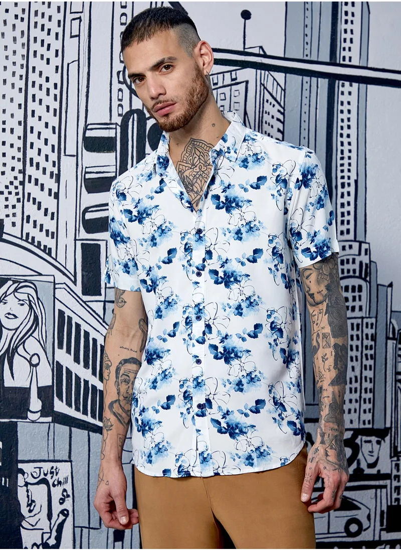 Campus Sutra Men's Blue & White Botanical Strokes Shirt