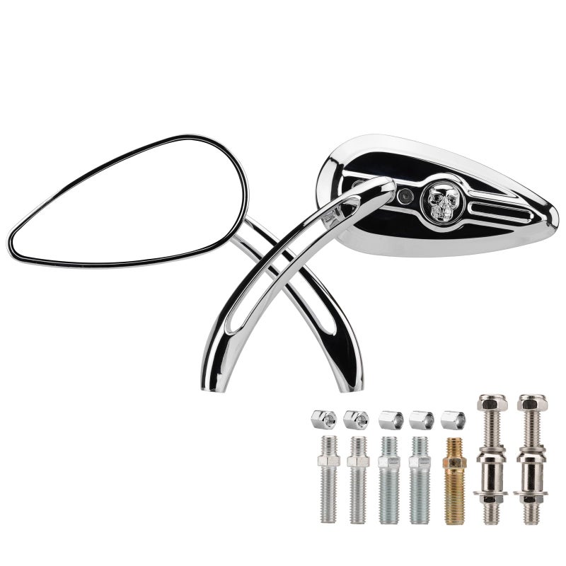 VG MOTO Motorcycle Skull Teardrop Rearview Mirror 8mm 10mm Side Mirrors 360 Degree Chrome Universal Replacement for Harley Touring Softail Dyna Sportster XL 883 1200 Electra Glide