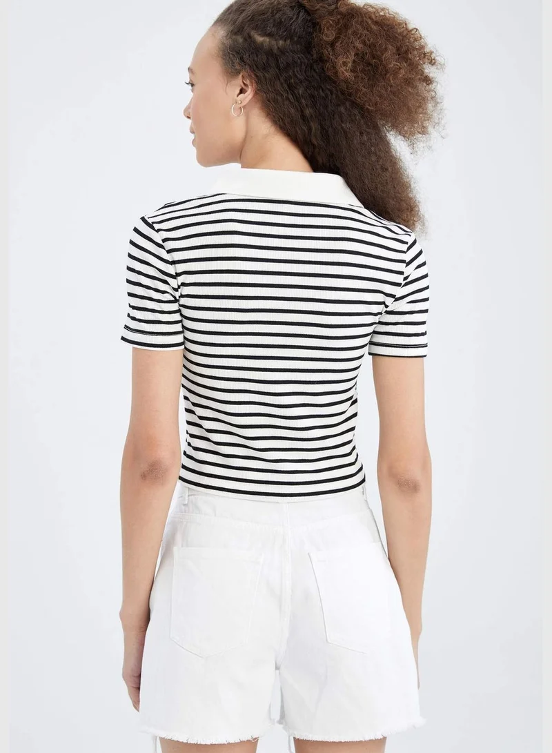 DeFacto Slim Fit V-Neck Short Sleeve Striped Crop Top