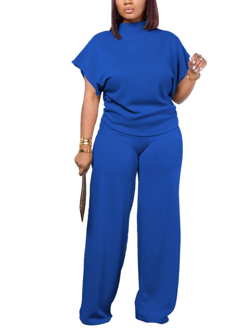 PINSV Lounge Sets For Women Casual 2 Piece Outfits Baggy Short Sleeve Top And Flare Pants Tracksuits Upgrade Royal Blue XL - Image 1