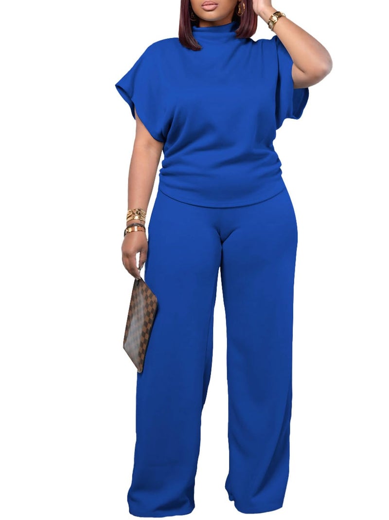 PINSV Lounge Sets For Women Casual 2 Piece Outfits Baggy Short Sleeve Top And Flare Pants Tracksuits Upgrade Royal Blue XL - Image 3