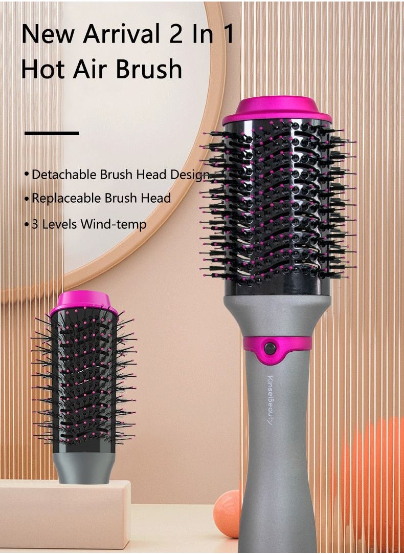KinseiBeauty فرشاة شعر بالهواء الساخن متعددة الوظائف مع رأسين فرشاة قابلين للتبديل (رمادي/أحمر وردي)  - Image 4