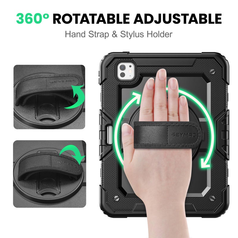 SEYMAC for iPad Pro 11 Inch Case M5 2025 / M4 2024, Heavy Duty Shockproof Protective Case with Screen Protector, 360Â° Rotating Stand, Hand/Shoulder Strap and Pen Holder, Black - Image 3