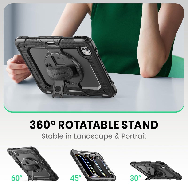 SEYMAC for iPad Pro 11 Inch Case M5 2025 / M4 2024, Heavy Duty Shockproof Protective Case with Screen Protector, 360Â° Rotating Stand, Hand/Shoulder Strap and Pen Holder, Black - Image 4