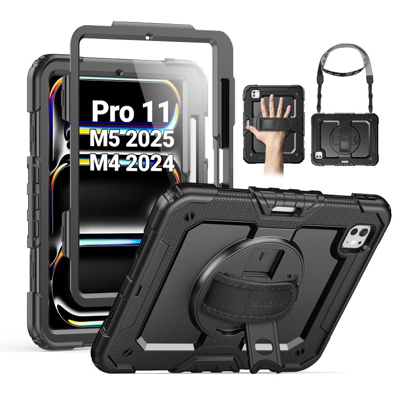 SEYMAC for iPad Pro 11 Inch Case M5 2025 / M4 2024, Heavy Duty Shockproof Protective Case with Screen Protector, 360Â° Rotating Stand, Hand/Shoulder Strap and Pen Holder, Black - Image 1