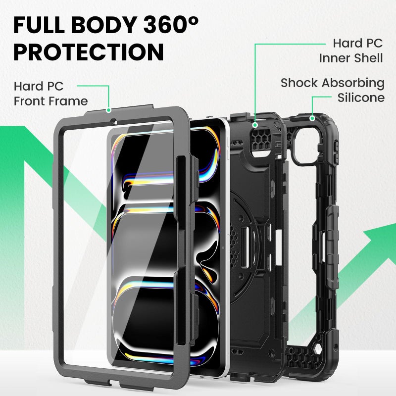 SEYMAC for iPad Pro 11 Inch Case M5 2025 / M4 2024, Heavy Duty Shockproof Protective Case with Screen Protector, 360Â° Rotating Stand, Hand/Shoulder Strap and Pen Holder, Black - Image 5