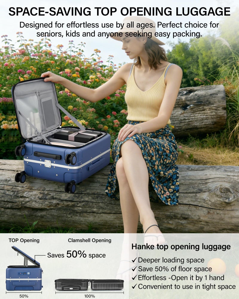 Hanke 20 Inch Top Opening Carry On Luggage, Hard Shell Suitcase with Cup Holder,USB Charging Port, Aluminum Frame with TSA Lock, 8 Spinner Wheels, Dry Wet Separation & Removable Dividers - Image 3