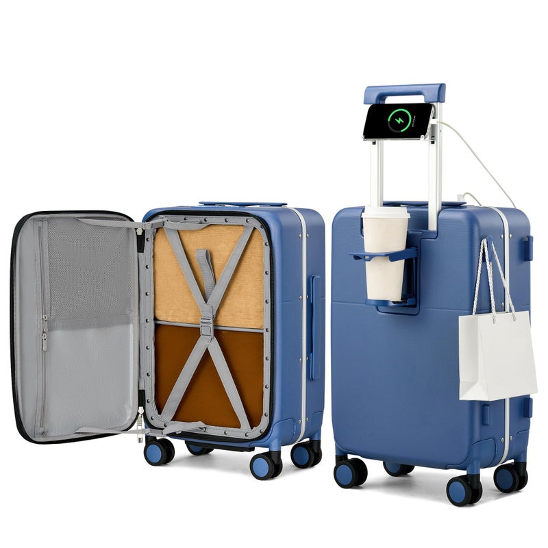 Hanke 20 Inch Top Opening Carry On Luggage, Hard Shell Suitcase with Cup Holder,USB Charging Port, Aluminum Frame with TSA Lock, 8 Spinner Wheels, Dry Wet Separation & Removable Dividers - Image 2