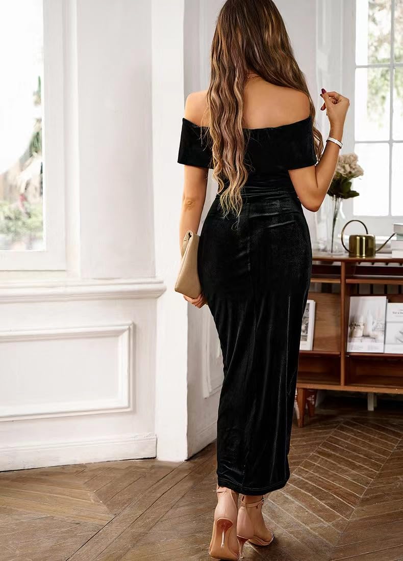 Sumleno Off The Shoulder Vintage Velvet Bodycon Midi Dress for Women Wrap Slit Elegant Cocktail Party Evening Pencil Dress (L,Black) - Image 3