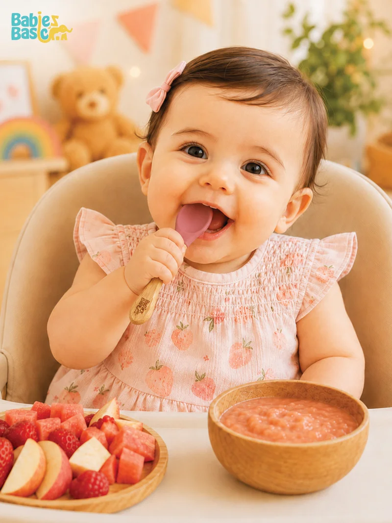 Babies Basic Babies Basic Silicone Spoon with Bamboo Handle for Kids, Beige and Dusty Pink