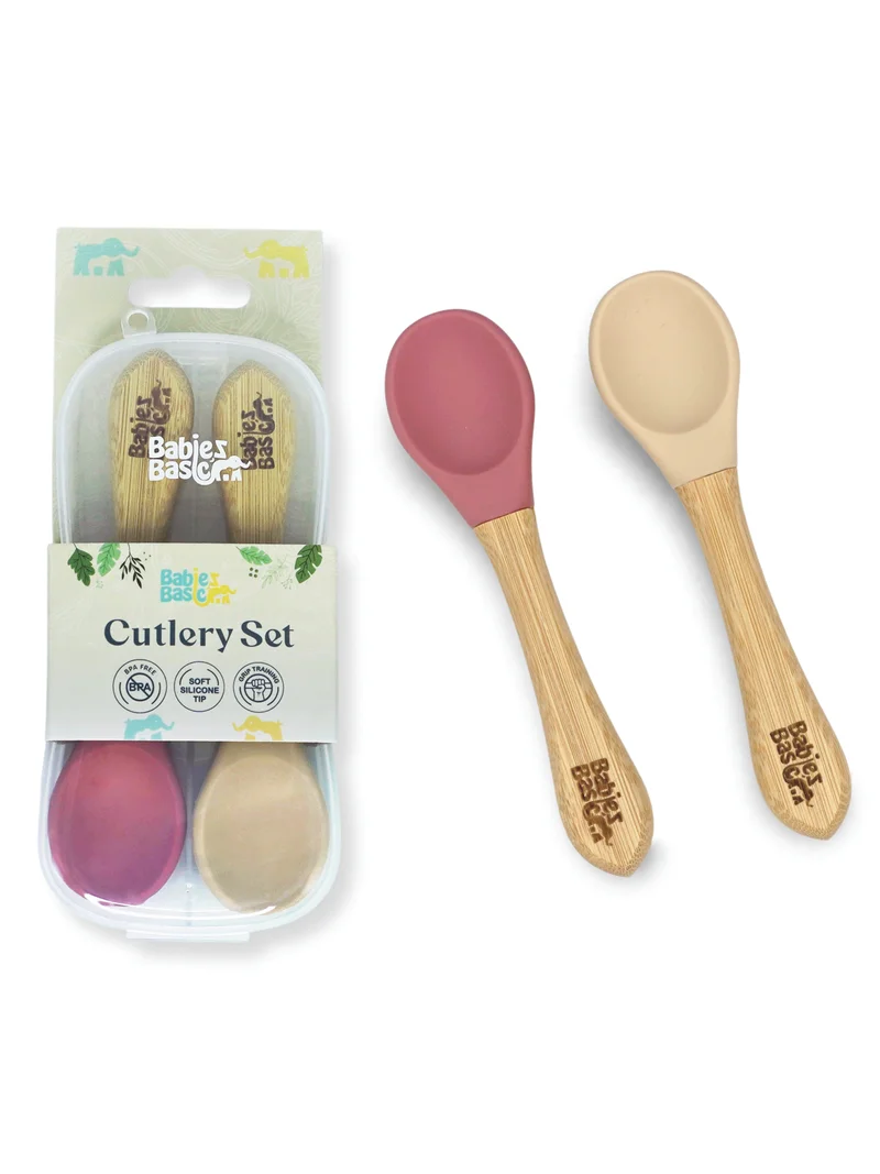 Babies Basic Babies Basic Silicone Spoon with Bamboo Handle for Kids, Beige and Dusty Pink