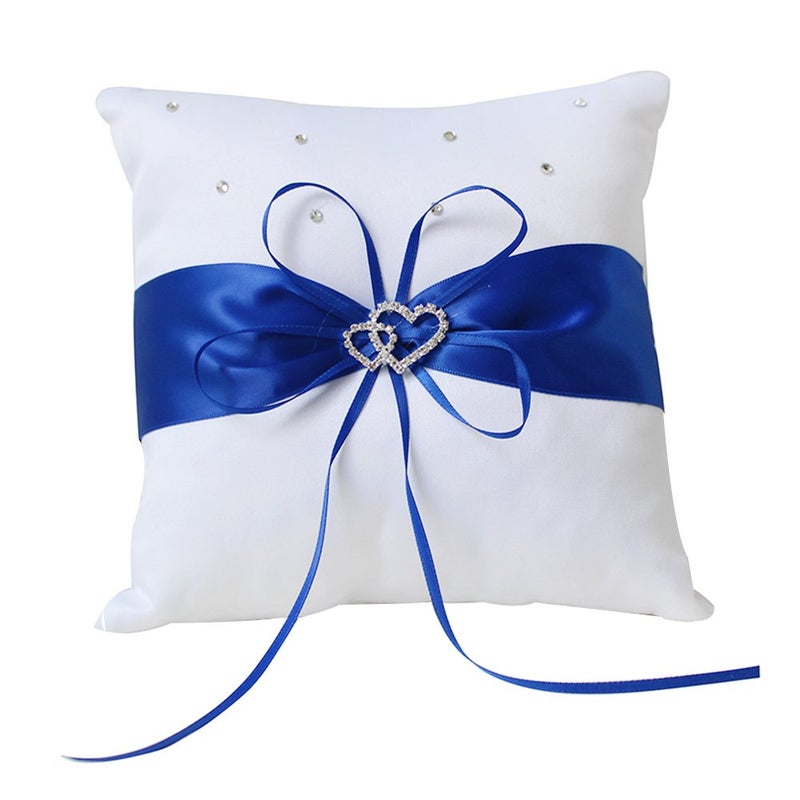 Amajoy 2pcs Wedding Set White Satin and Royal Blue Flower Girl Basket and Ring Pillow Set with Double Heart Rhinestone Decor - Image 5