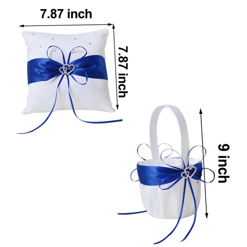 Amajoy 2pcs Wedding Set White Satin and Royal Blue Flower Girl Basket and Ring Pillow Set with Double Heart Rhinestone Decor - Image 2
