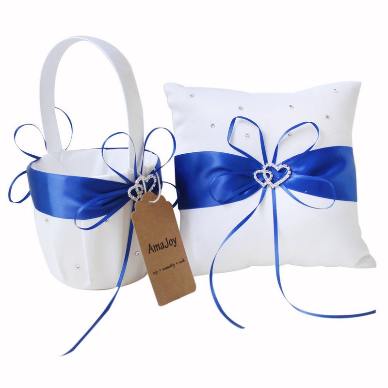 Amajoy 2pcs Wedding Set White Satin and Royal Blue Flower Girl Basket and Ring Pillow Set with Double Heart Rhinestone Decor - Image 3