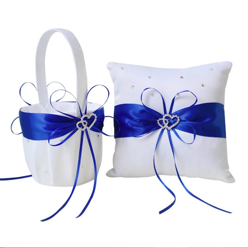 Amajoy 2pcs Wedding Set White Satin and Royal Blue Flower Girl Basket and Ring Pillow Set with Double Heart Rhinestone Decor - Image 1