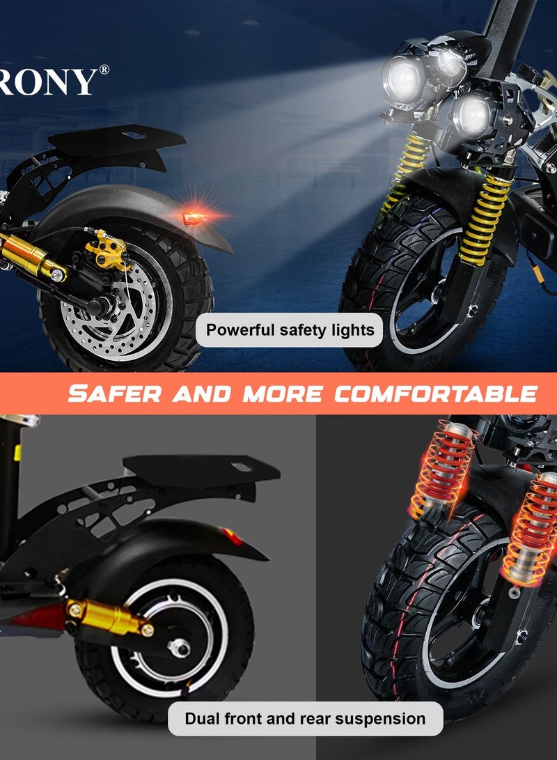 Crony V10+Pro 1500W E-Scooter, Max Sppeed 45-68km/h, 48V/13Ah, 10" Off-Road Tires,  45-68knn/h Max Speed,Dual Suspension/Hydraulic Disc Brakes, 120kg Load, Aluminum Frame E-Bike, Triple Led Headlamps, Brushless Motor,Easy Foldable & Portable, Mobile App-Connected, Bluetooth Speaker, Phone Holder – All-Terrain Urban Commuter Electric Scooter for Adults & Kids - Image 5