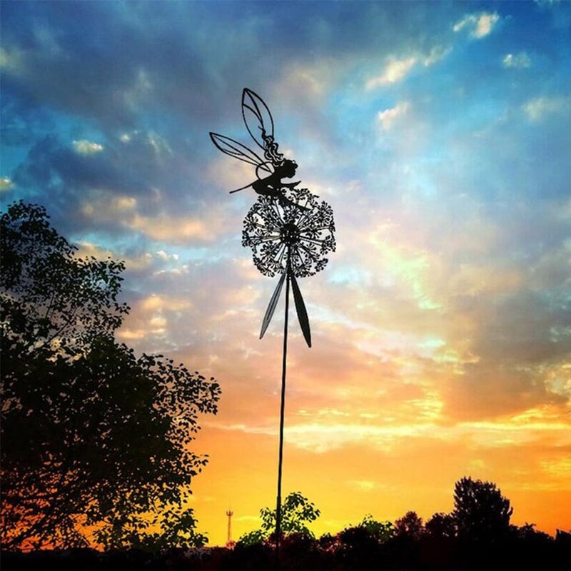 Fcteap Flower Fairy Dancing with Dandelion Garden Art Sculpture Stainless Steel Statue Christmas Halloween Decoration for Outdoor Yard Courtyard Lawn Patio Metal Ornaments (Hurdle) - Image 3