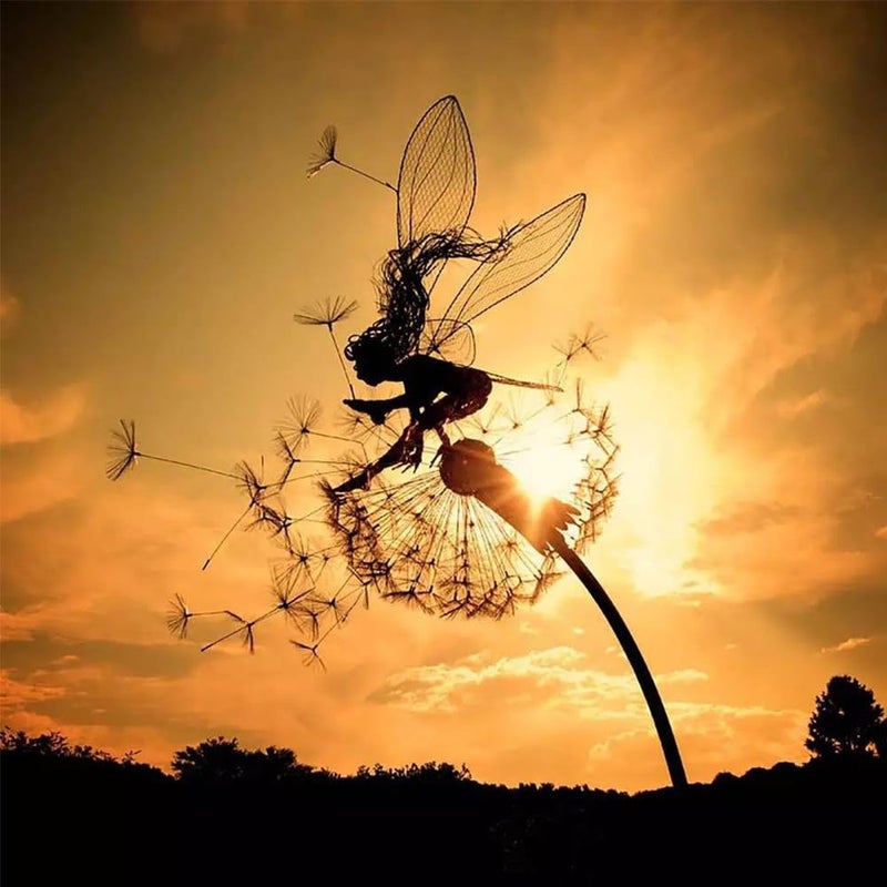 Fcteap Flower Fairy Dancing with Dandelion Garden Art Sculpture Stainless Steel Statue Christmas Halloween Decoration for Outdoor Yard Courtyard Lawn Patio Metal Ornaments (Hurdle) - Image 1
