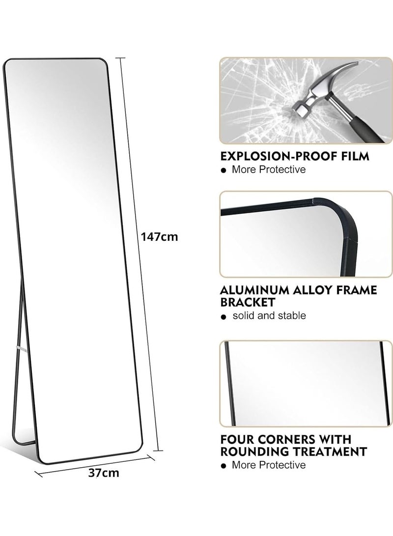 ديكور هيلز مرآة كاملة الطول 147 × 37 سم - مرآة مستطيلة كاملة الجسم مع حامل، مرآة أرضية بزاوية مستديرة بإطار من سبائك الألومنيوم، مرآة خلع الملابس قائمة أو مثبتة على الحائط لغرفة النوم (أبيض) - Image 2